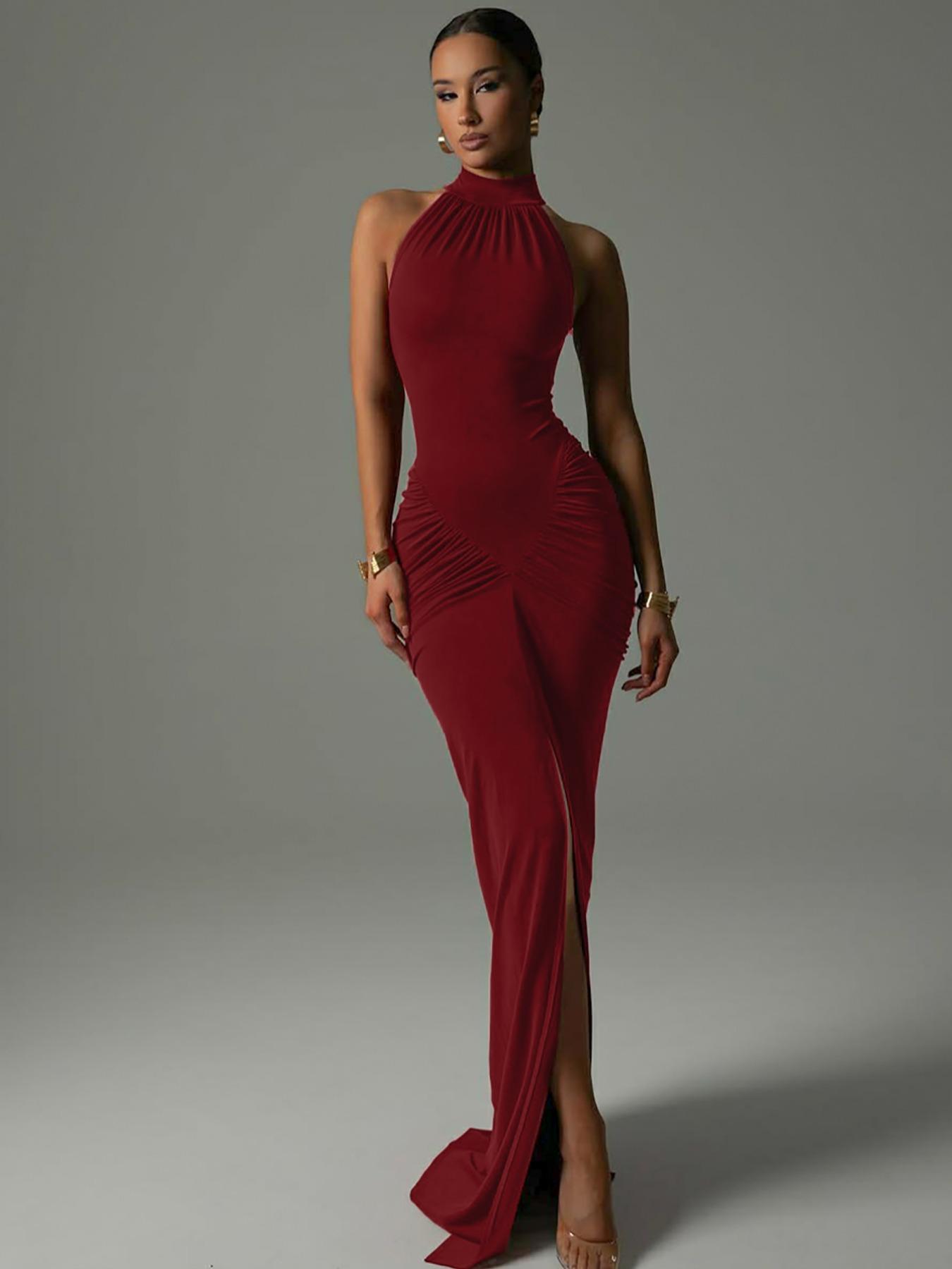 Women's Solid Ruched Halter Neck Sleeveless Bodycon Formal Dress,  Womenswear Chic Elegant Fashion Style Split Hem