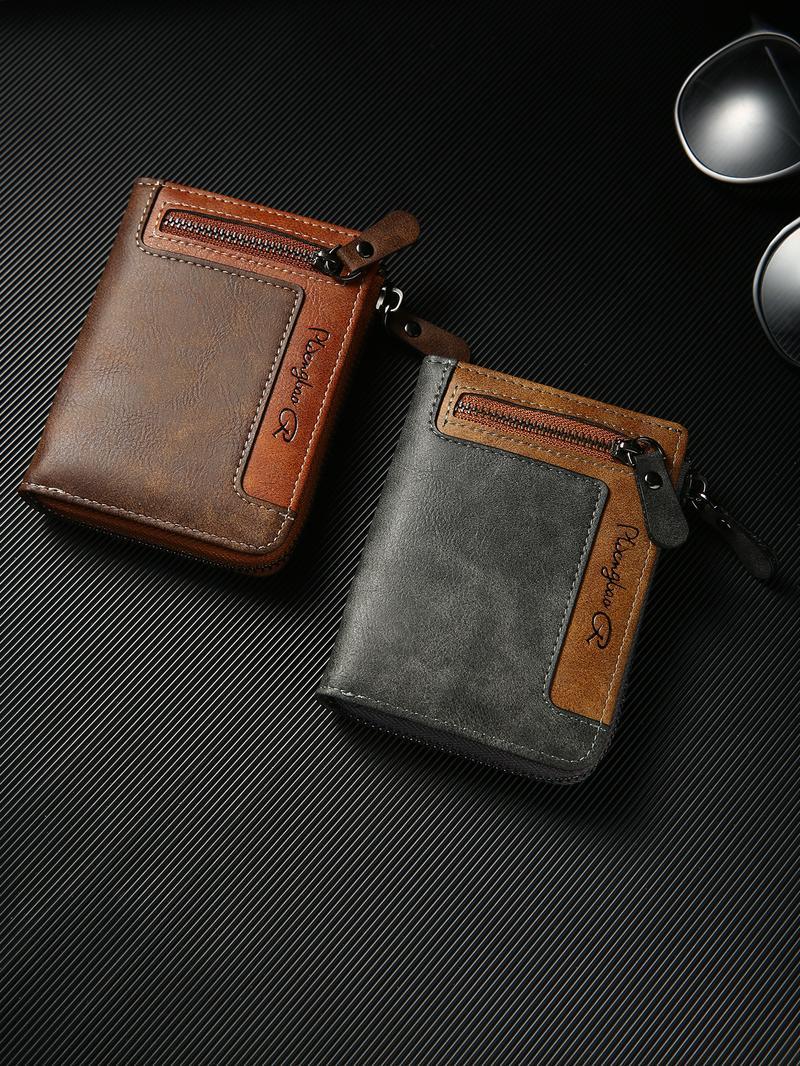 Premium Men's Short ID Card Holder Billfold Casual Leather Zipper Coin Purse Multi-Card Slot Portable Wallet