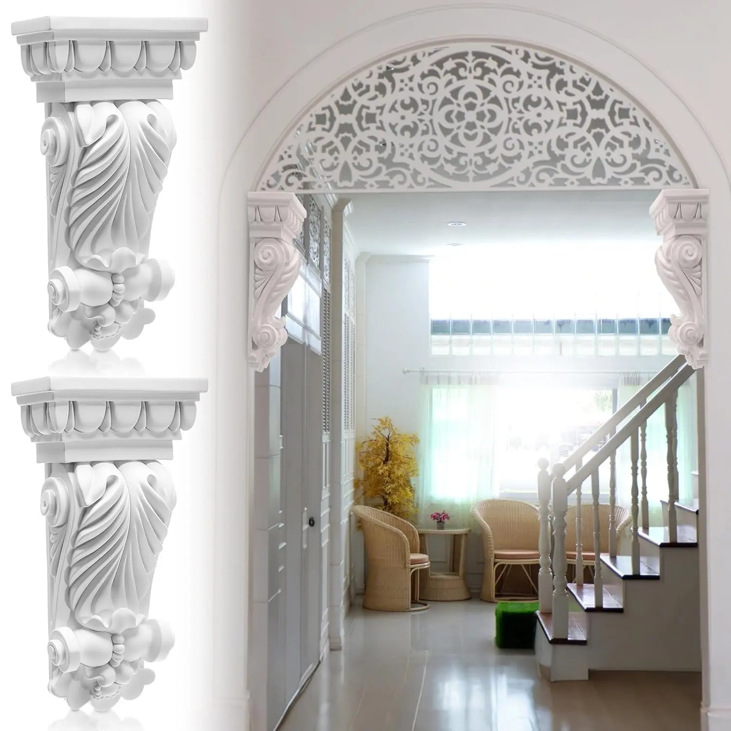 2 Pcs Decorative Corbels Doorway Corbel Shelf Bracket for Countertops Fireplace Carved Applique Accent Bracket Mantel Support Porches Decorative Trim 2.7" D x 5.1" W x 10" H