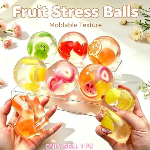 Fruit Coconut Oil Squishy Stress Ball, Transparent Shapeable Squeeze Sensory Toy for Anxiety and Stress Relief, Decompression Squeeze Fidgets, Birthday Party Favors for Teens and Adults
