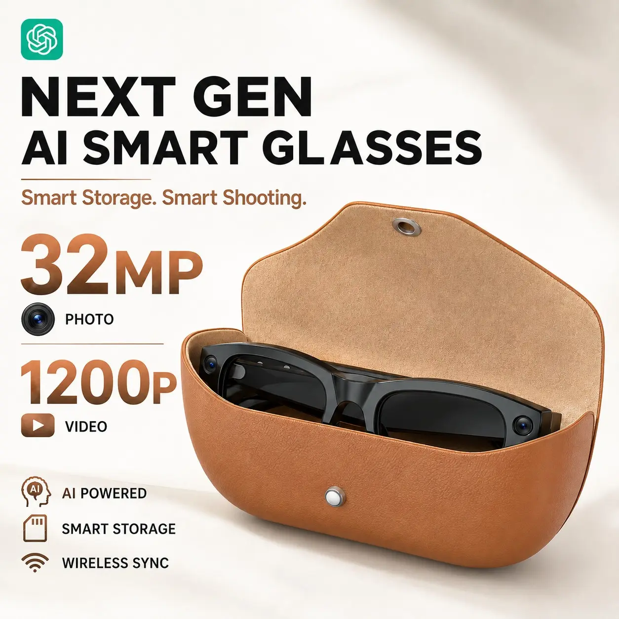 Wearable Audio Smart Eyewear M02X Pro Max with 32MP photo 1200K Video Recording, 3 Matching Interchangeable Lenses, Real-Time AI Simultaneous Language Translation, Dual-Mic Noise Cancel Voice Assistant & Leather Fast Charging Case, Wi-Fi 4 Connecti