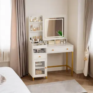 Makeup Vanity Desk with Mirror and Lights, Vanity Table Set with Charging Station and Drawers, LED Touch Mirror Dressing Table, 3 Color Lighting Mode, White