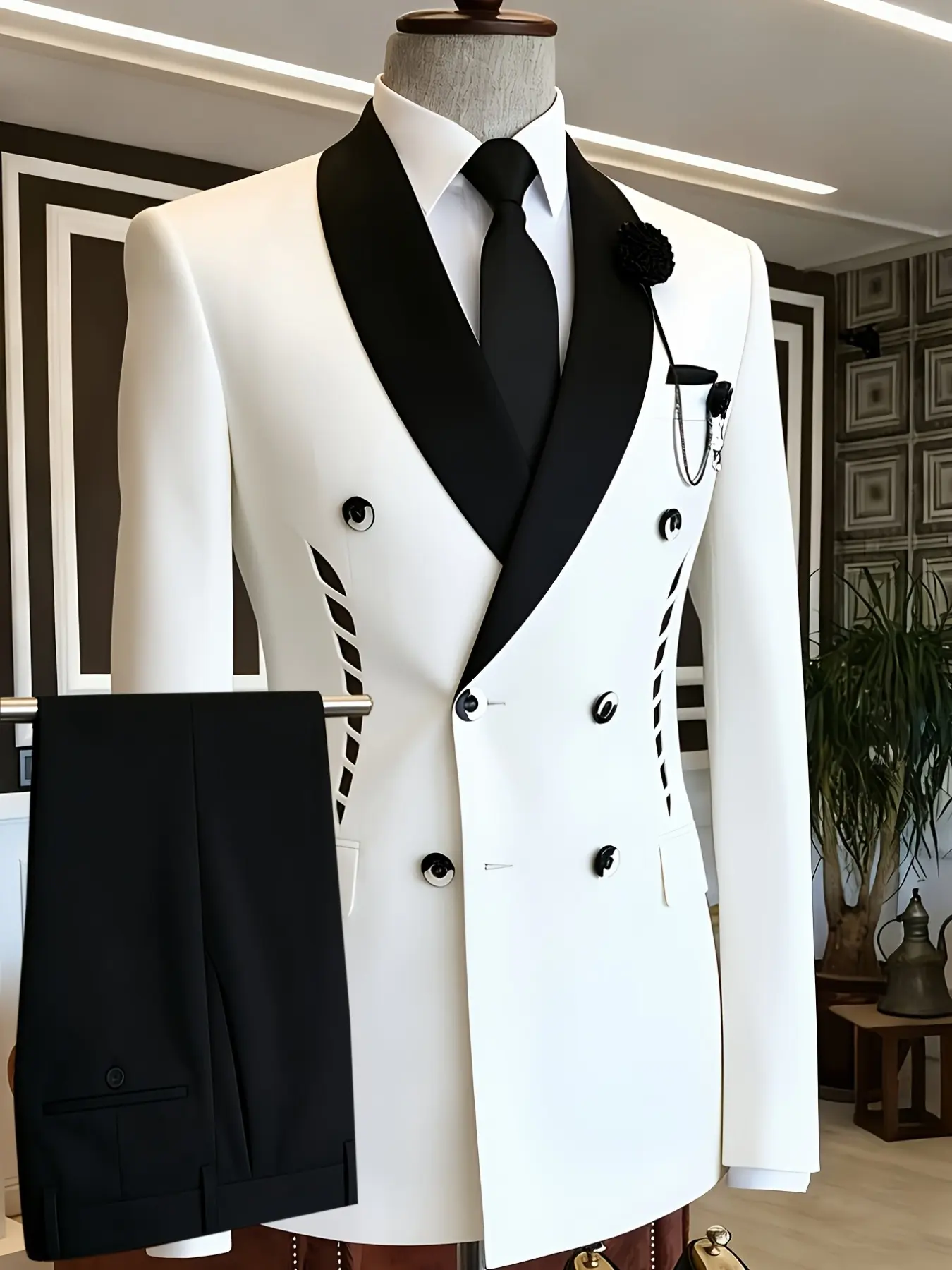 Ainwear Men's Satin Lapel Graphic Print 2 Piece Suit, Double Breasted Blazer Jacket & Dress Pants, Formal Wedding Prom Tuxedo