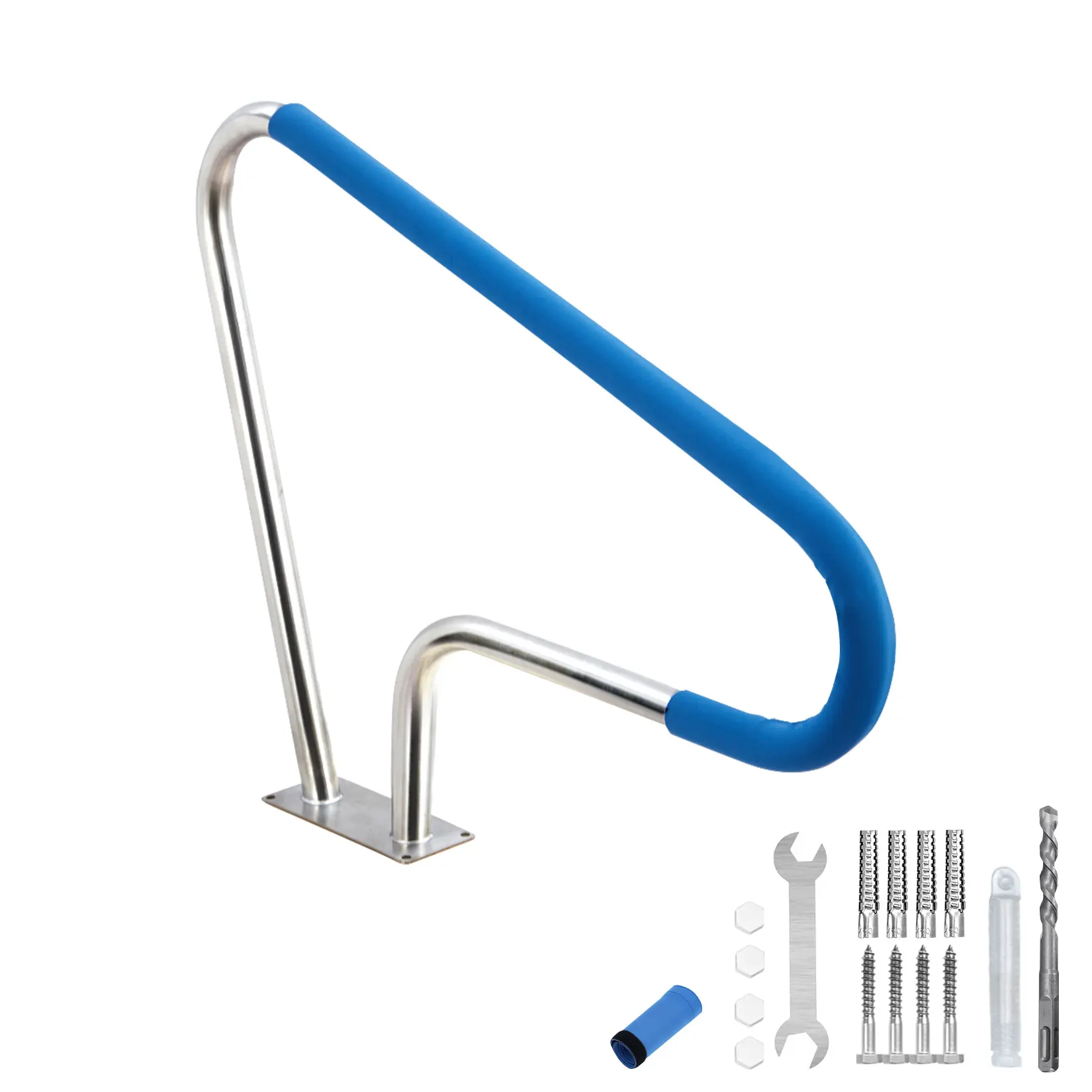 304 Stainless Steel Pool Handrail with Blue Non-Slip Cover, 375 lb Inground Pool Safety Rail, Heavy Duty Rust-Resistant Grab Bar with Mounting Kit, 10x4 in Base, for Outdoor Pool Steps, Spa, Hot Tub, Deck Entry, Slanted, Straight & Flat Options