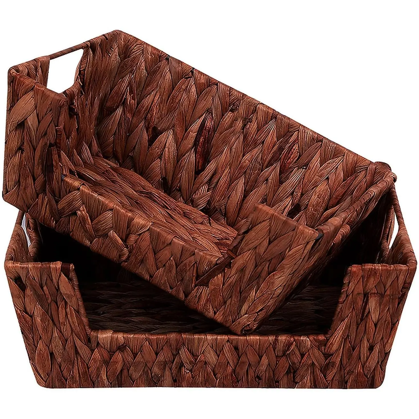 2 Pack Wicker Basket with Built-in Handles, Dark Brown| Water Hyacinth Open Front Storage Baskets for Shelf, Bedroom, Living Room, Pantry