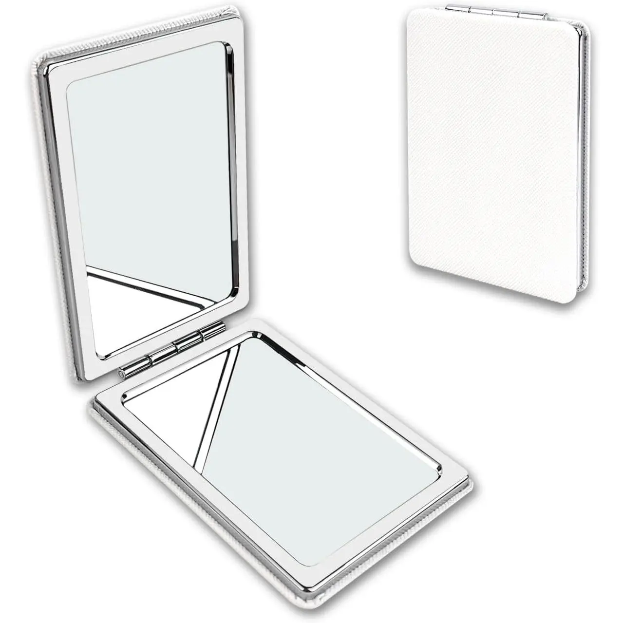 Portable Beauty Mirror with Leather Cover, Double-Sided 1X/2X PU Leather Makeup Small Pocket Mirror, Portable for for Women  Office - White