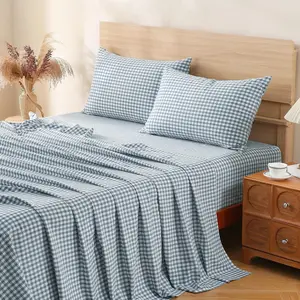 Blue Gingham Sheets Bedding Set  Washed  Like Linen Feel Breathable Soft Comfy 4-  Checkered Bed Sheet Set with 17" Deep Pocket Cute Aesthetic,