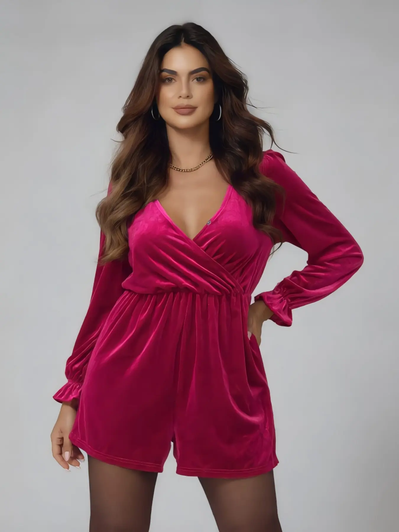 Plus Size Women's Velvet Romper, Deep V Neck, Long Sleeve, Asymmetrical Design, Elegant and Comfortable, Perfect for Dates, Plain Color, Fit