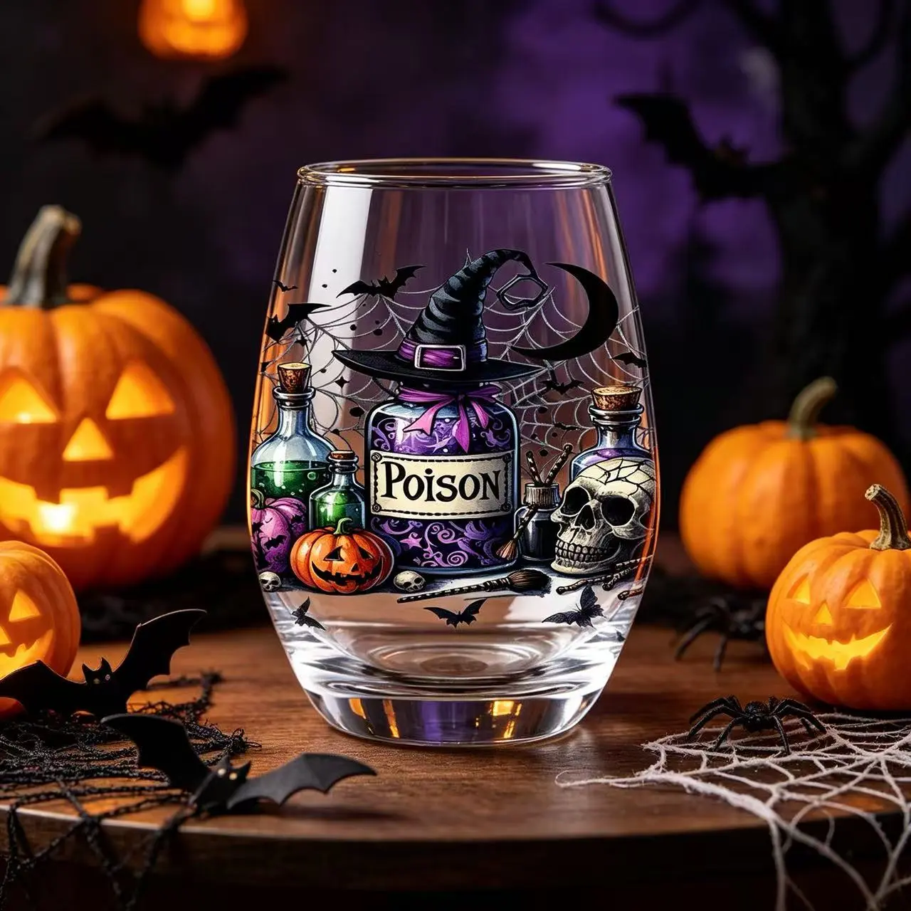 1pc/12oz/350ml/Stemless Wine Glasses,Champagne And Whisky Glass,Party Cups For Indoor Outdoor Perfect For Home Office Bar Weddings And Toasts,Spooky Halloween Festive Design With Skulls Pumpkins Poison Gift,Warm Gifts For Friends,Summer Party Gifts