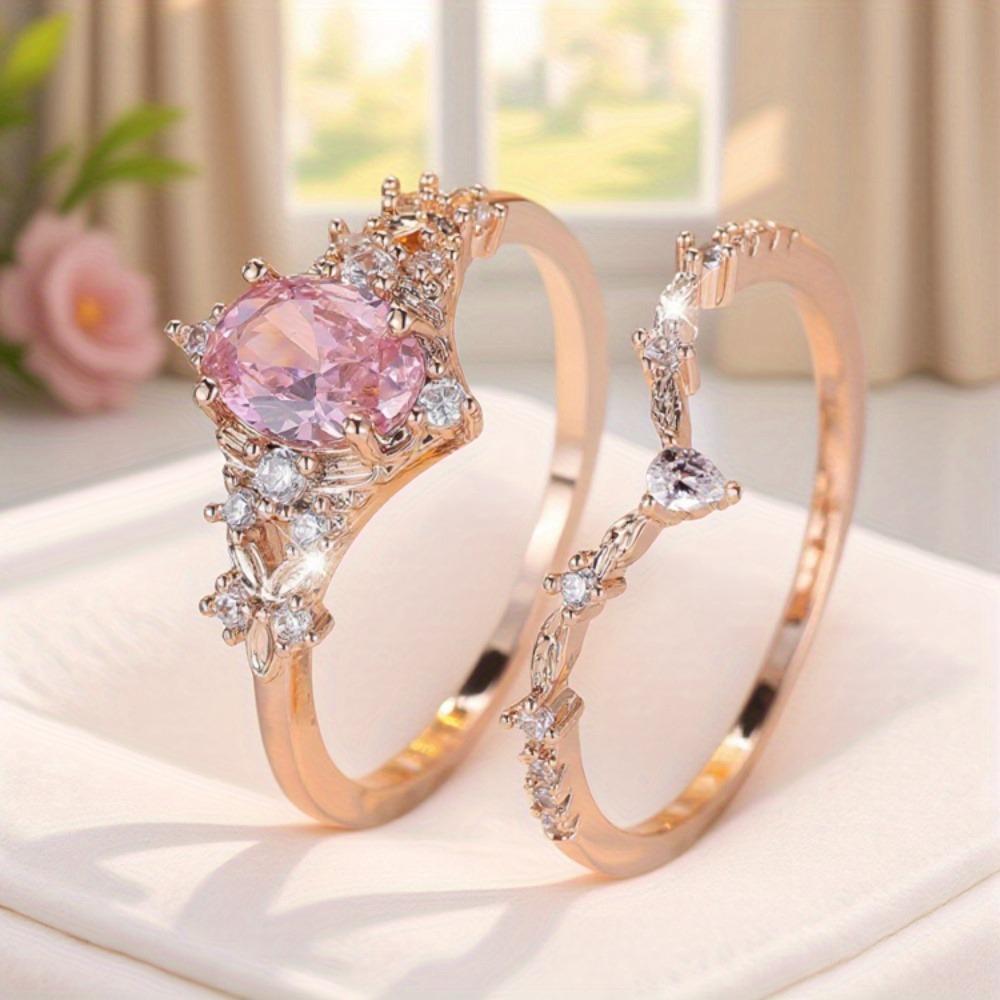 Cute Dainty Pink Flower Synthetic Zirconia Couple Rings, Promise Stacking Birthstone Rings, Golden Engagement Wedding Jewelry, Valentine's Day Mother's Day Christmas Gift