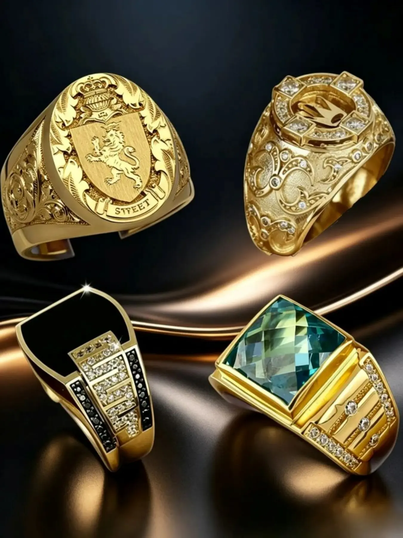 4PCS Men's Vintage Gold Tone Plated Ring Set, Lion Crest & Black Onyx Designs, Hypoallergenic & Fade Resistant, Bold Craft, Versatile for Business & Casual Wear, Ideal Gift for Boyfriend & Father