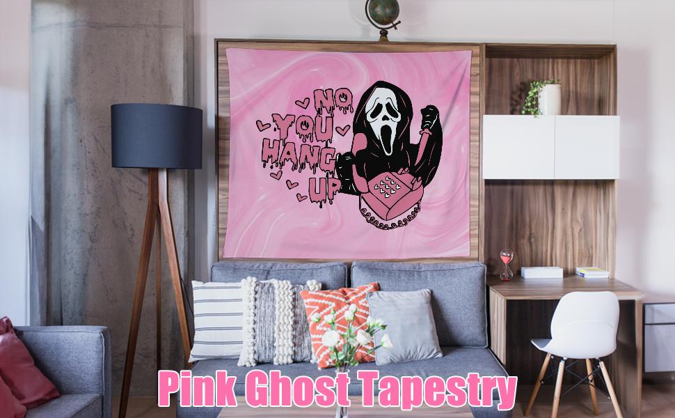 Pink Horror Tapestry 60 x 50 Inch - 'No You Hang Up' Funny Ghost Wall Hanging, Romantic Halloween Valentine's Day Home Dorm Decor