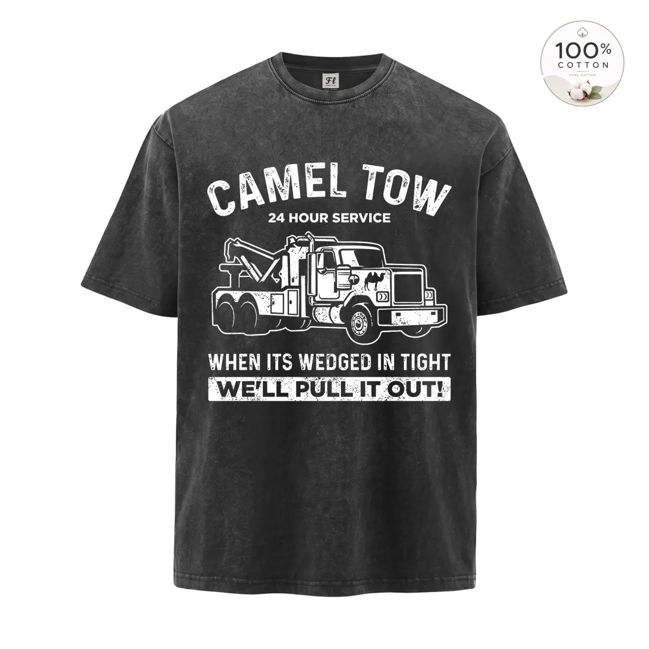 Camel Towing Print T Shirt Stretch Round Neck Mens Washed Oversize Tee For Summer Black Style Garment Menswear