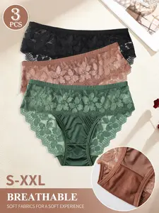 3pcs Semi-Transparent Lace Women's Briefs, Pure Desire Wave Scallop Cut, Smooth Anti-Chafing, Casual All-Season Underwear