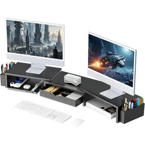 Dual monitor stand, desktop storage rack with drawer and 2 pen holders, computer monitor stand, desktop organizer, black