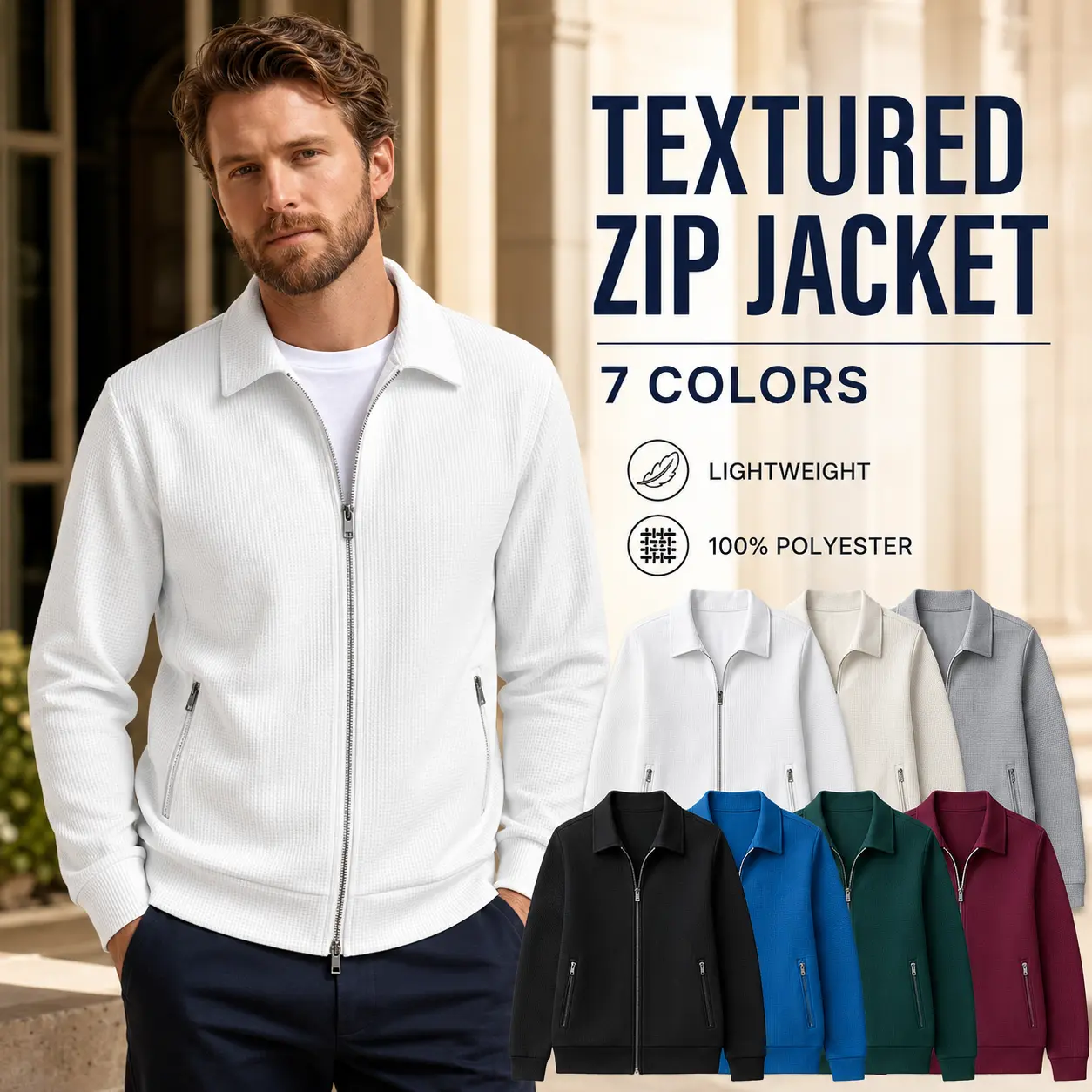 2026 Men's Solid Colors Slim Lapel Cardigan Jacket - Zip Front, Zip Pocket, Windproof Warmth, Lightweight Breathable, Casual Fashion Streetwear Outerwear for Spring Autumn Everyday Wear