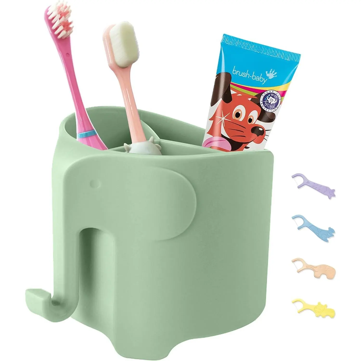 Kids Toothbrush Holder, Cute Elephant Toothbrush Holders for Toddler, Toothbrush Toothpaste Holder for Bathroom, Toothbrush Organizer with 3 Slots and a Hook, Green