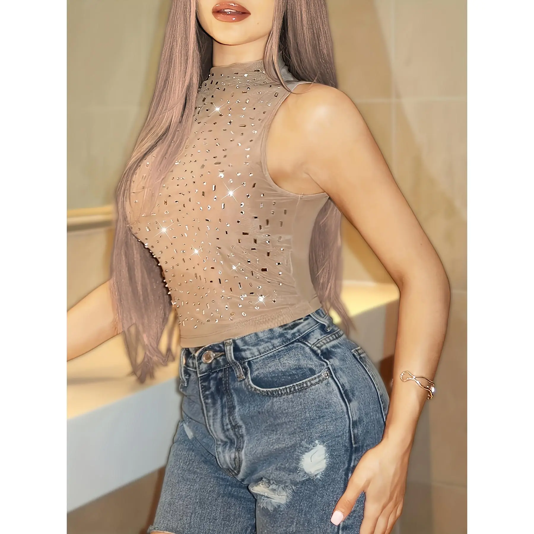 Sparkling Rhinestone Mesh Tank Top for Women - Sleeveless, Sheer Detailing, High Neckline, Summer Fashion Crop Top with Glittering Embellishments, Ladies Tank Tops, Glamorous Attire, Medium Stretch Fabric