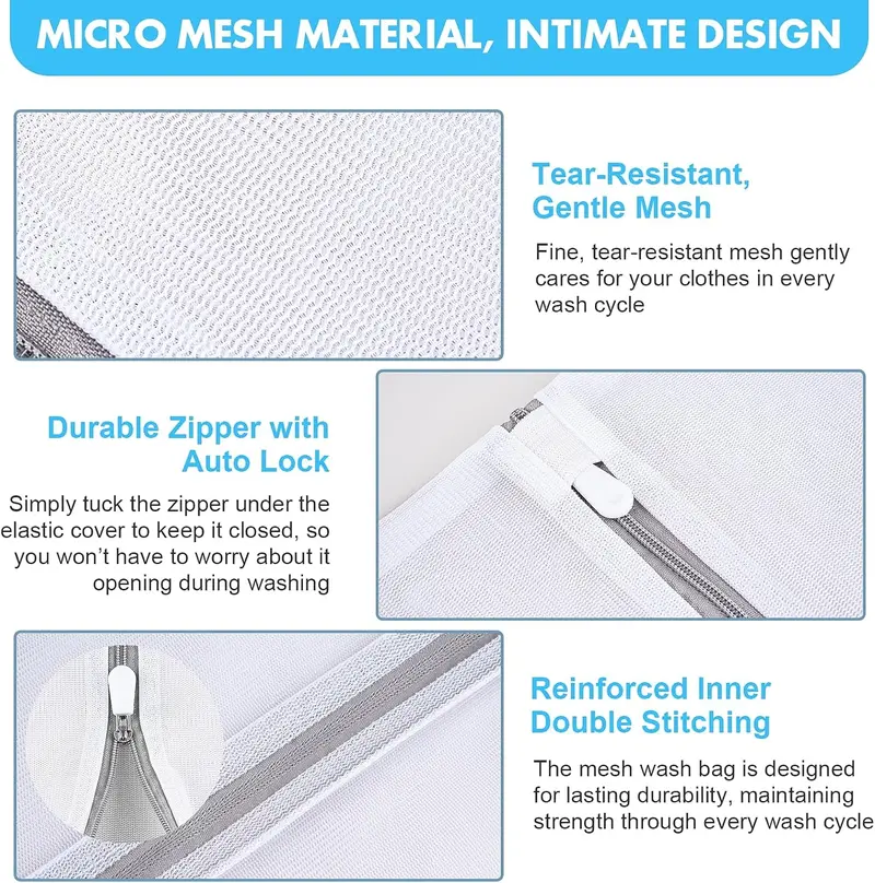 Summerwins Set of 3 Removable Netted Washing Bags - Durable, Breathable Fine Mesh, Auto-Lock Zip, 3 Sizes (1 Large Capacity/1 Medium/1 Small), Travel Storage & Home Laundry Organizer for Delicates, Large Capacity Washing Bags