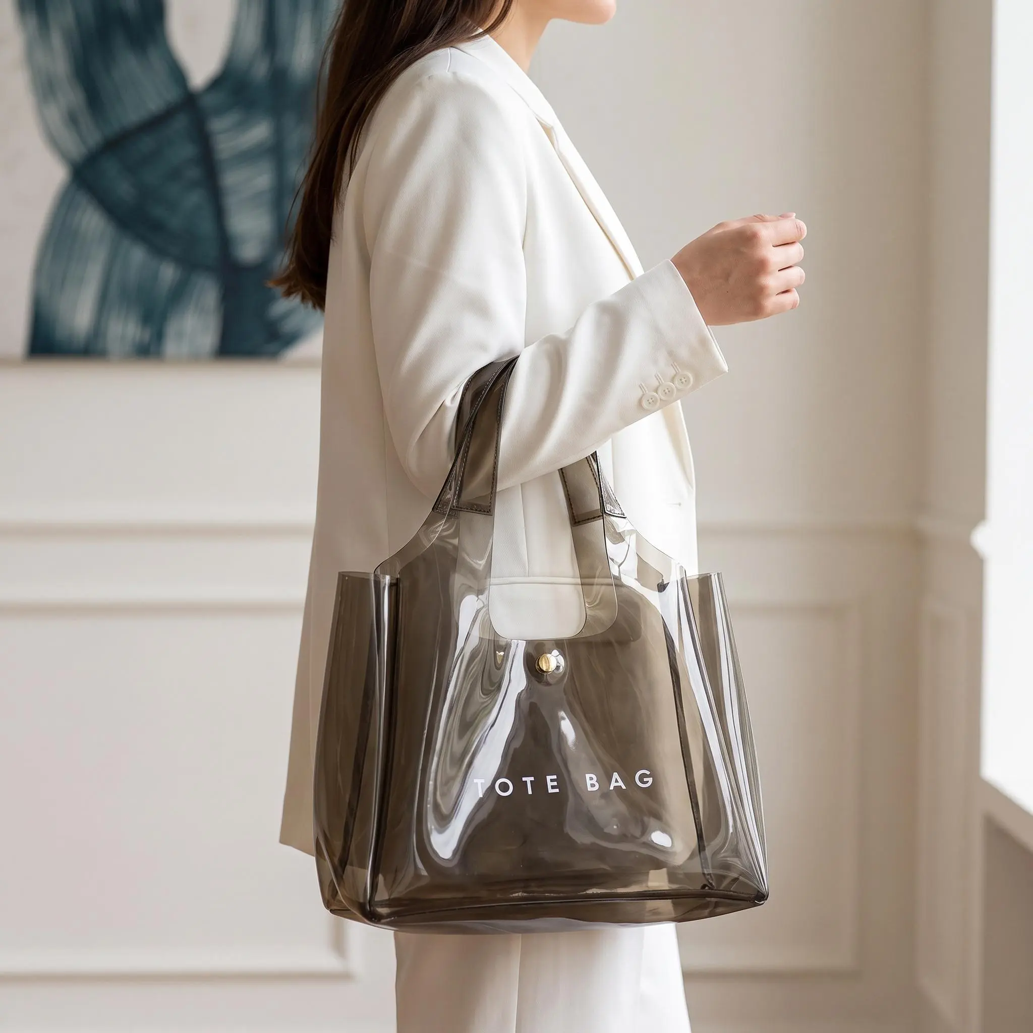 Large Capacity PVC Transparent Tote Bag, Letter Print Shoulder Handbag, Casual Everyday Bag, Daily College Bags, Thick Waterproof Laptop Bag, Commute Campus Beach Travel Multicolor Women's Bag