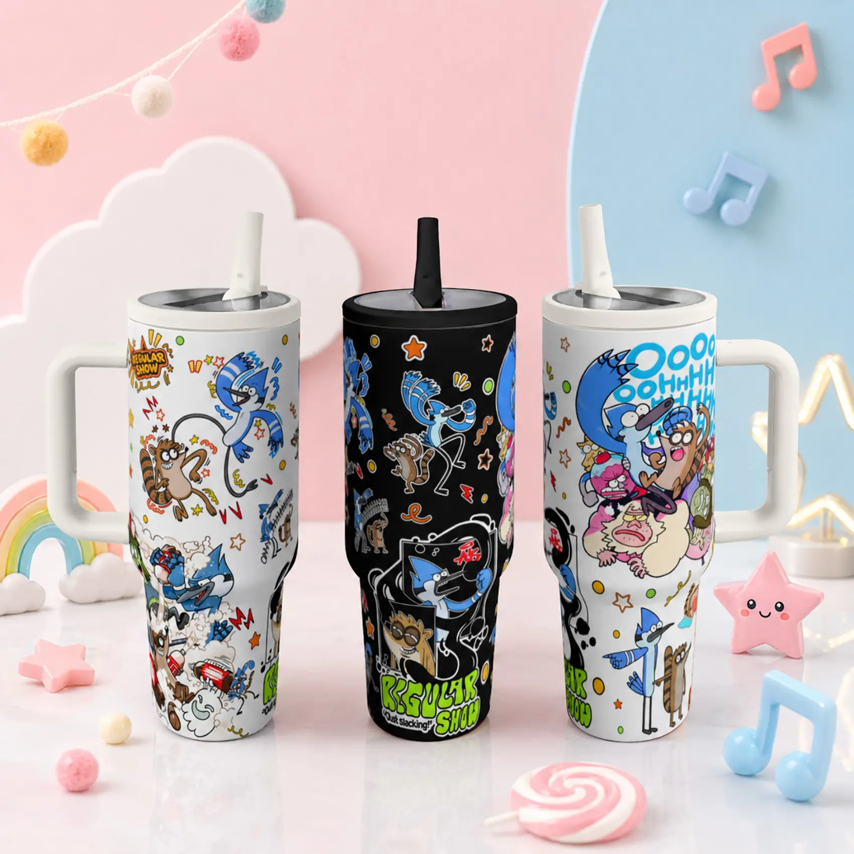 Regular Show 40oz Portable Cartoon Insulated Tumbler - Leakproof Double-Wall Vacuum Water Bottle with Handle, Straw Lid, Character Art Kitchenware for Hot/Cold Drinks, Fan Gift