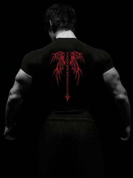 Gothic Men's Black Fitness T-Shirt, Bodybuilding Fitness Tee - Spine Wing Design, High-Elastic Slim Fit Sports Top, Durable Shaping Gym Wear for Training, Workout & Casual Style, Breathable Stretch Fabric, Gothic Gym Shirt for All Sport Scenes