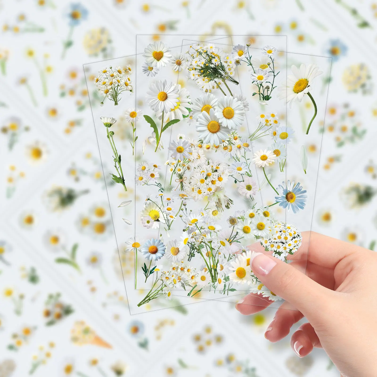 5 Sheets Transparent Daisy Flower Pet Stickers, Realistic Plant Flowers DIY Decoration, Waterproof Material, Cartoon Stickers for Apple Devices Accessories