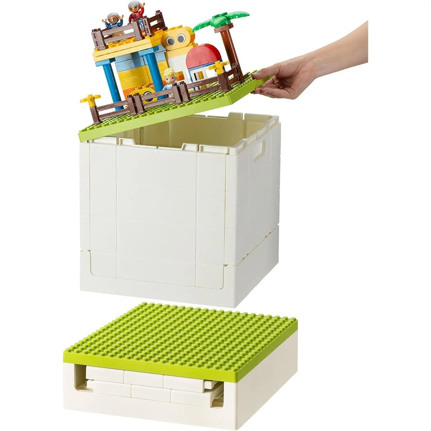 Collapsible Kids Lego Duplo Block Storage Box with Building Base, 26 Qt (25L) Stackable Toy Organizer Chest for Boys, Green