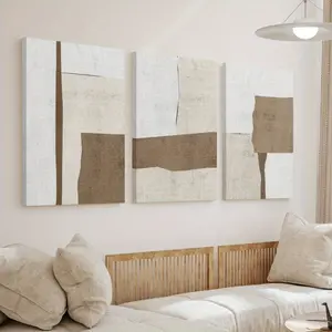 2D canvas art, 2D canvas painting, 3-piece abstract canvas painting set, neutral brown and beige, wooden frame, perfect for living room and bedroom decoration