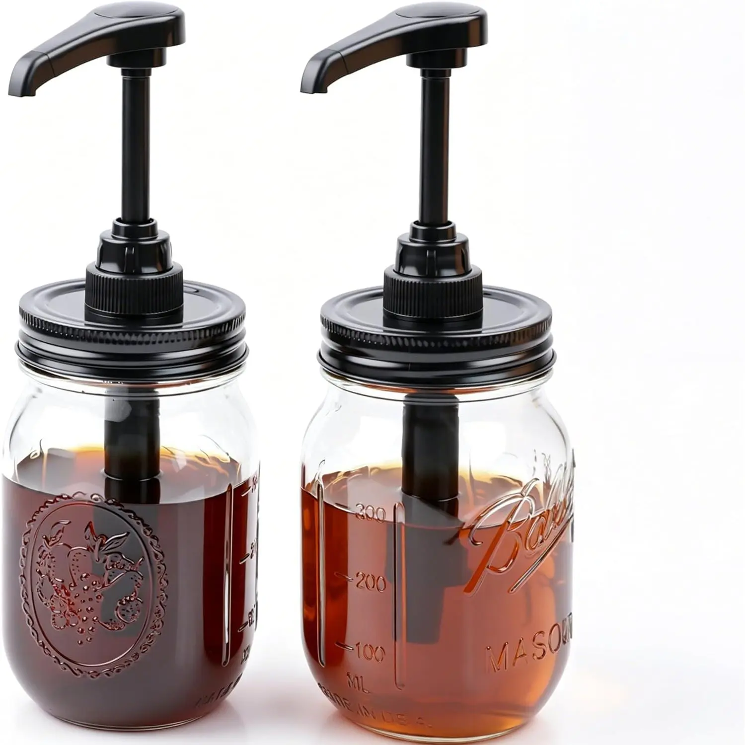 Mason Jar Syrup Honey Sauce Bottle with Dispenser Pump Lid 16 Oz Glass Coffee Syrup Pump Ketchup Salad Dressing Condiment Container  Grade Airtight & Bpa- Rfee -2 Set