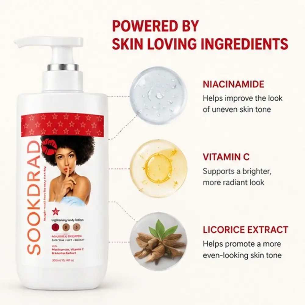 Lightening body lotion, with niacinamide, vitamin c, licorice extract, nourish, brighten, even tone, soft, radiant, for body, 300ml/10.14fl oz