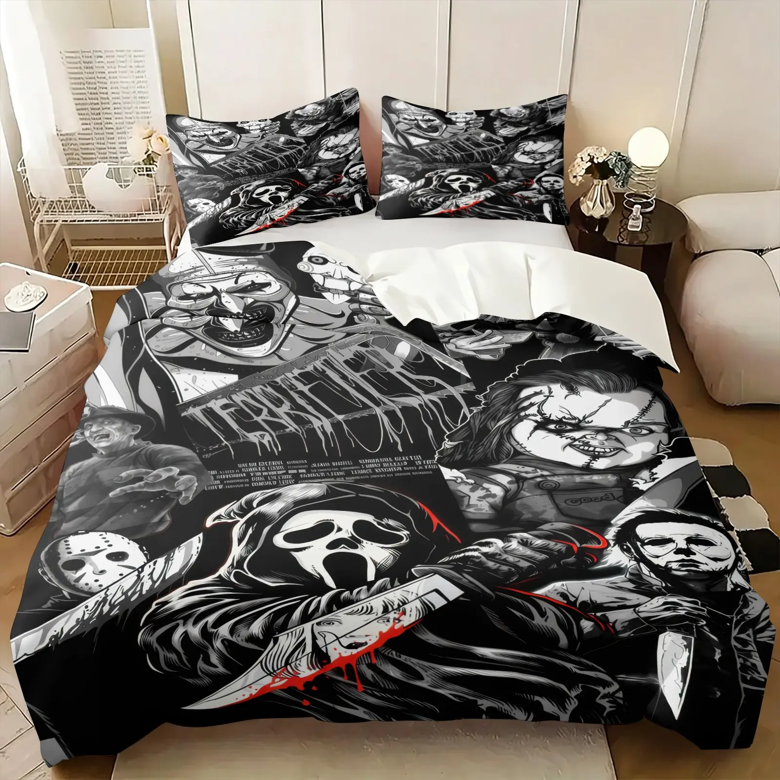 Classic Horror Villain Print Duvet Cover Set, 1 Duvet and 1-2 Pillowcases, Black and White Color with Red Blood Poster Design, Durable Skin-Friendly Bedding, Halloween or Horror Moive Fan Bedroom Dorm Decor, Decorative Bedding Set