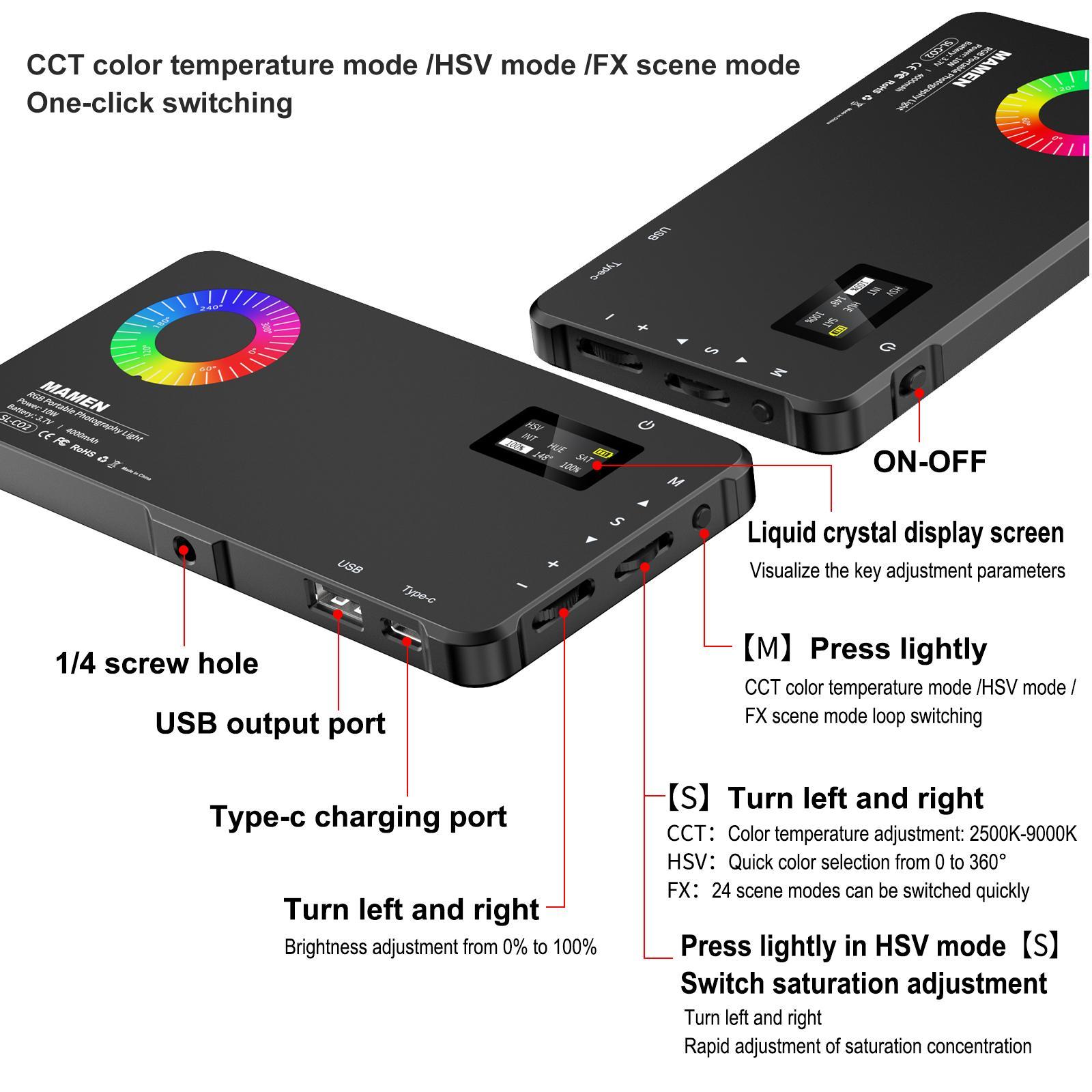 RGB Video Light, Portable LED Camera Light Panel, 0-360 Full Color LED Light, Rechargeable DSLR Lighting for Vlogging, Photography, Video Conference, Smartphone, Photographic Fill Light