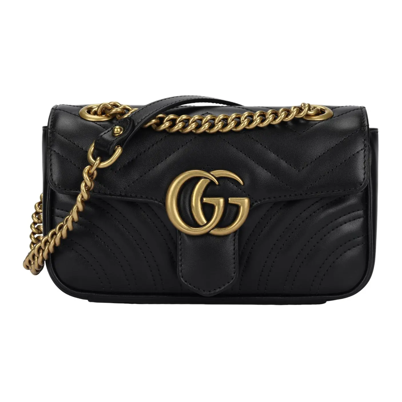 Gucci GG Marmont Distressed Gold Vintage Double-G Embossed Leather Chain-Shoulder Crossbody Bag for Women, Black