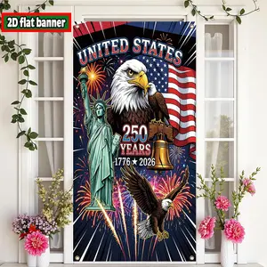 2D Flat Banner Polyester Photography Backdrop, HD Digitally Printed American Patriotic Theme Background Cloth with USA Flag, Bald Eagle, Statue of Liberty, and Fireworks Design, Soft Lightweight Foldable for Independence Day 4th o