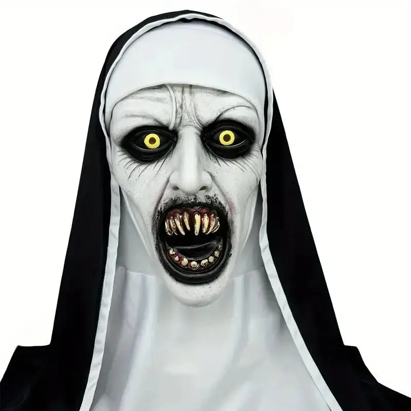 Halloween Horror Nun Mask, Hyper Realistic Cool Mask Cosplay, Spooky, Synthetic Latex, Hand Wash, Street Style Horror Costume Accessory, Party Props, Perfect for Halloween Parties