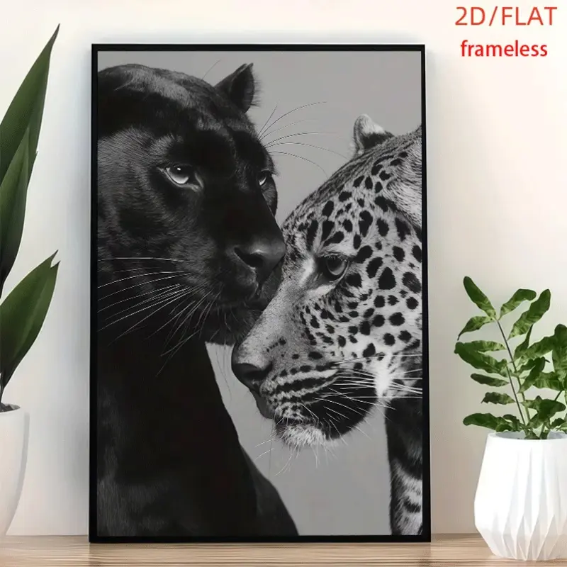 frameless Panther And Leopard Affectionate Poster Art Decor Print Poster, Wall Art for Living Room, Bedroom, Office, Dining Room & Bar, Perfect Gift & Home Decor, 12in x 16in