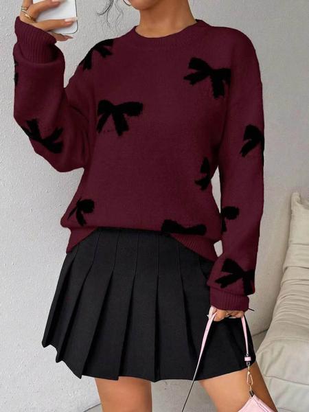 Fashion Bow Print Casual Loose Knitted Sweater Pullover Autumn/Winter Women Pullovers New Full Sleeve Knitwear