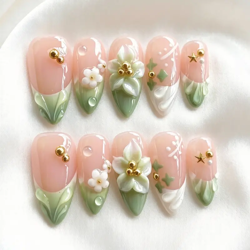 10Pcs Handmade Almond nails Summer Press on Nails, Blue Purple Gradient 3D Flowers, Milky Nails Matcha Green Latte Green Gradient Star Water Droplet Embossed French Tips Reusable False nails, Decorative Nails, Fake nails Set Salon quality Set for Wedding