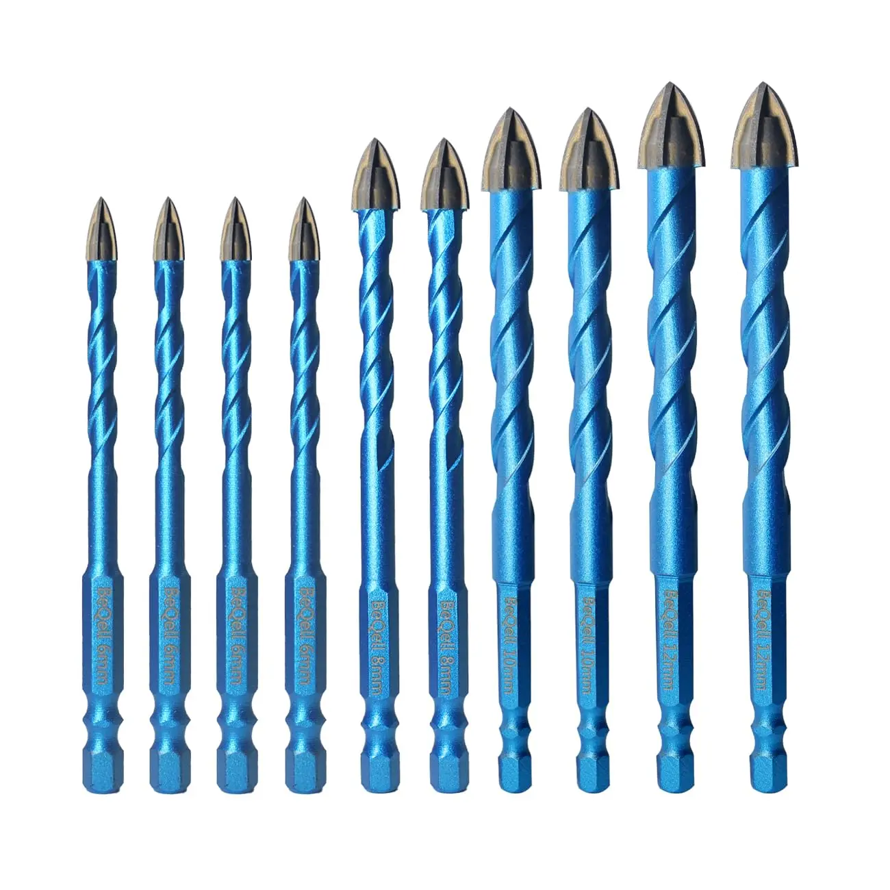BeQell 10pcs Multi-Size Masonry Diamond Drill Bits Kit - 1/4"-1/2" Quick Change Shank, Diamond Tips, for Concrete, Wood, Plastic, Brick, Ceramic Tile