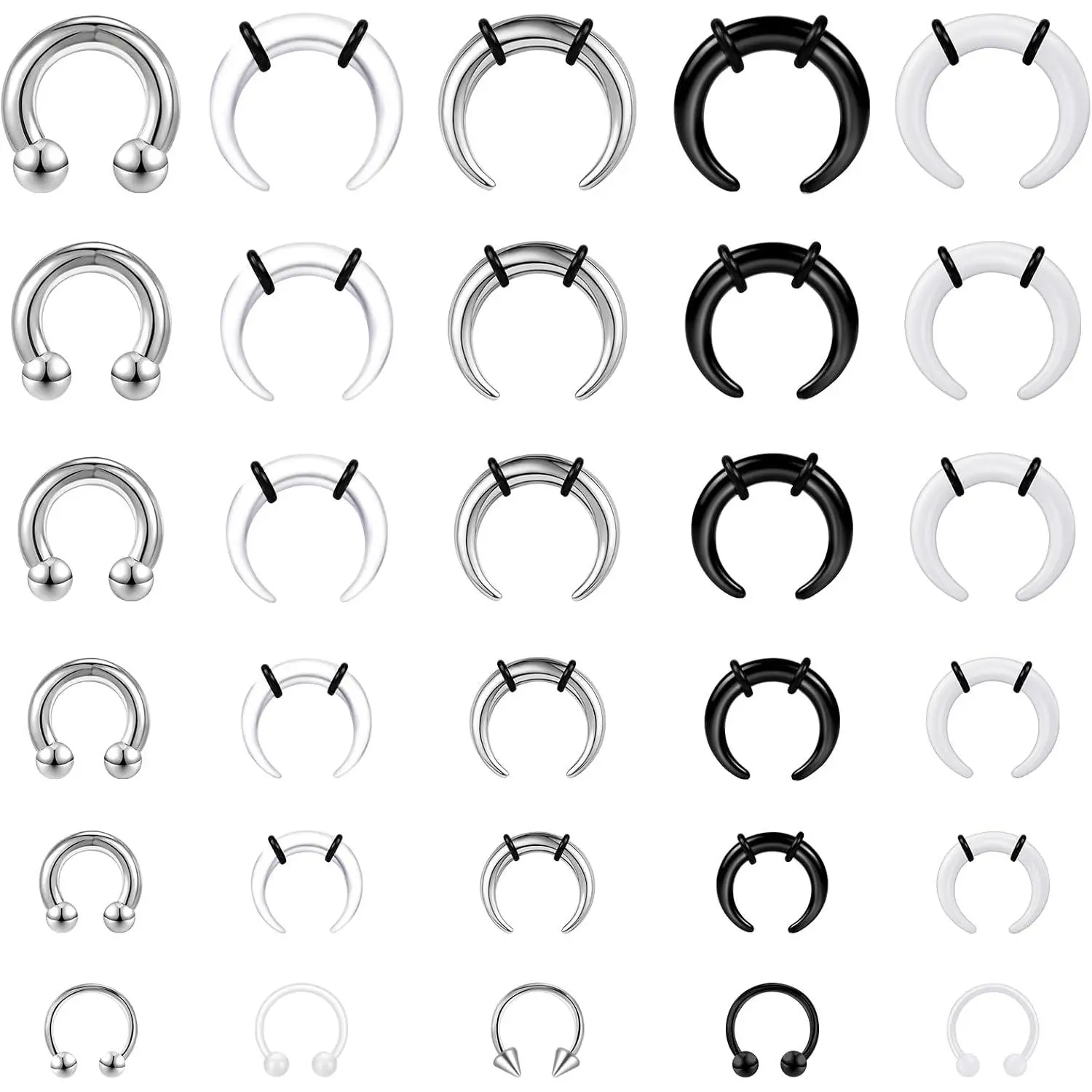 18-30Pcs Septum Pincher Tapers 16G-6G  Stainless Steel Septum Stretching Kit Internally Threaded Spike Horseshoe Pincher Septum Rings Ear Cartilage Nose Stretch Kit for Women Men
