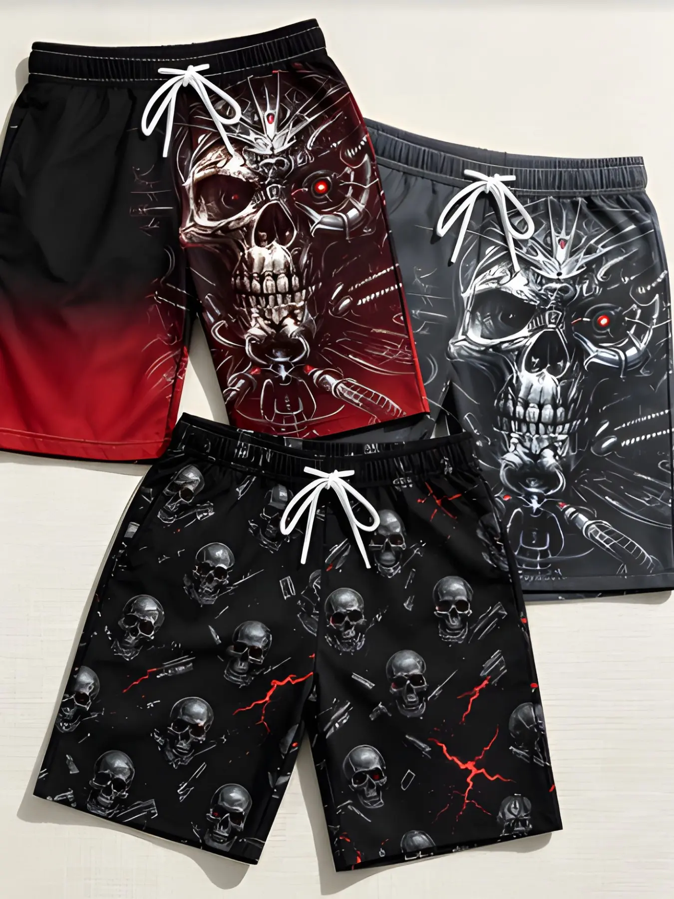 3-Pack Gothic Mechanical Skull Casual Shorts for Men, Dark Skeleton Trendy Beach Vacation Surfing Five-Quarter Pants