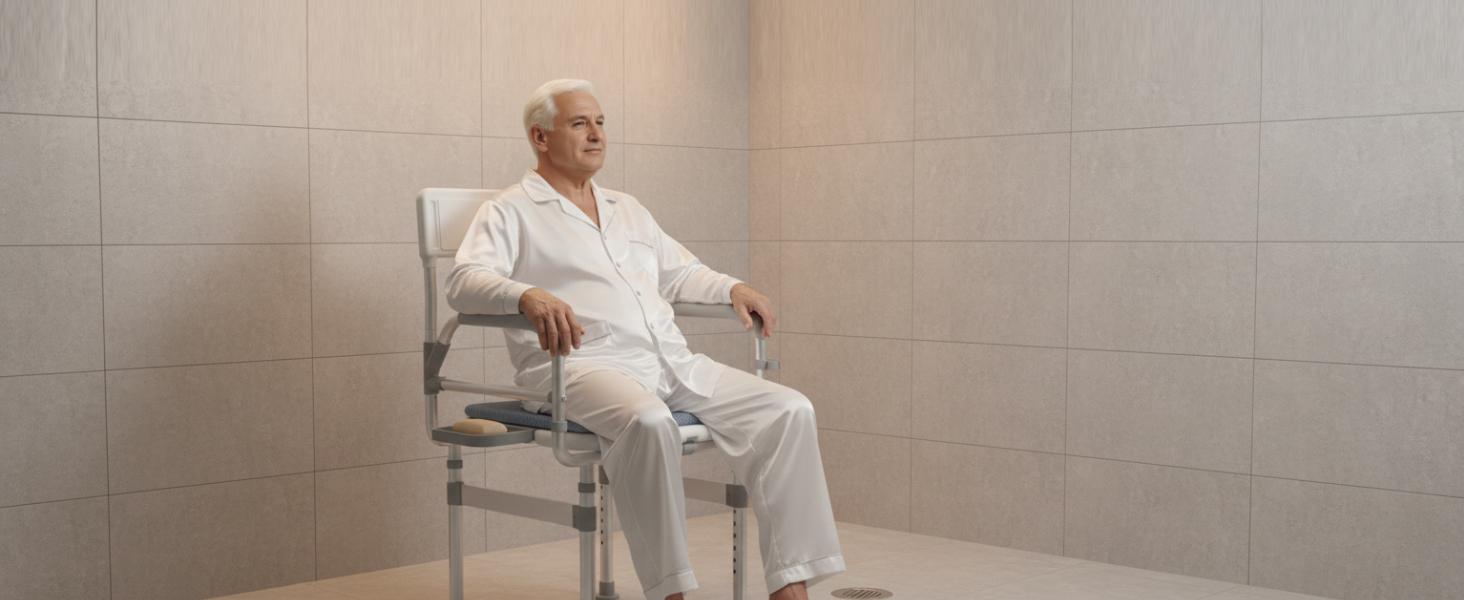 Folding Shower Chair for Inside Shower, Tub and 440lb Weight Capacity - Foldable Shower Chair for Elderly and Disabled - Shower Seat with Arms, Back, Cushion and Shelf