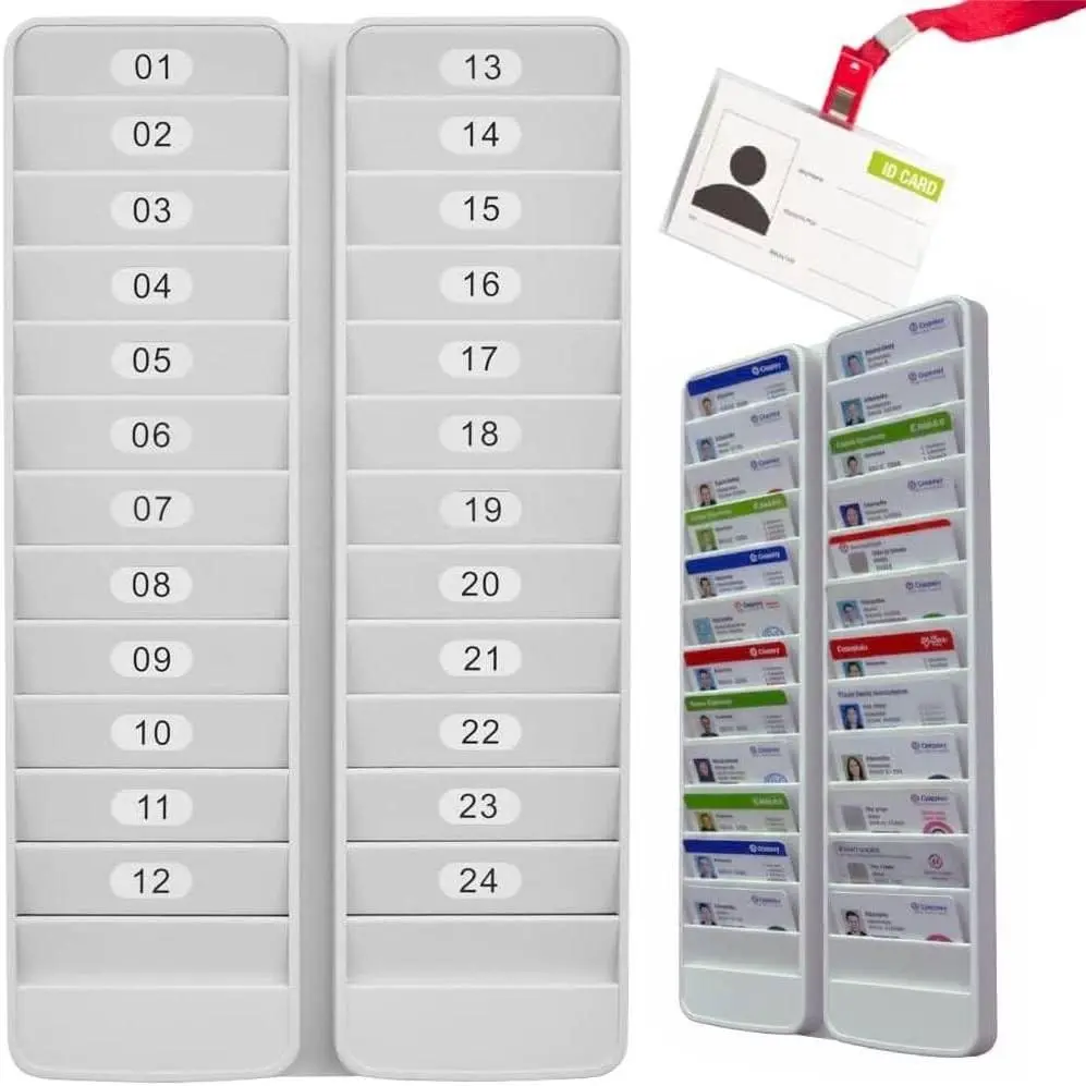 Gray Wall-Mount Badge Rack, 24-Slot Plastic Card Holder for Employee Proximity Badges & VIP ID Cards, Lightweight & Durable, Slots