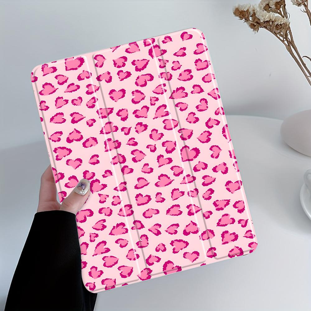 Romantic Pink Leopard Pattern Four-Corner Shockproof Tablet Case with Pen Slot Foldable,Suitable for iPad Mini, Air, Pro 4,5,6,7(2017,2018,2019,2020,2021,2022,2023,2024,2025 models),and Samsung S6,7,8,9,10FE + A7 LTE tablet cases