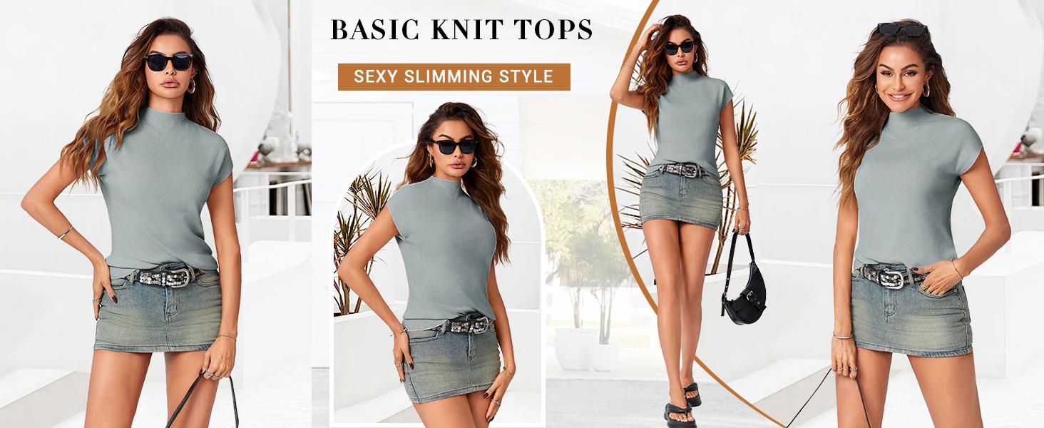 Saodimallsu Women's Short Sleeve Sweater Mock Neck Summer Casual Basic Knit Slim Fitted Pullover Tops Shirt in Khaki Hue