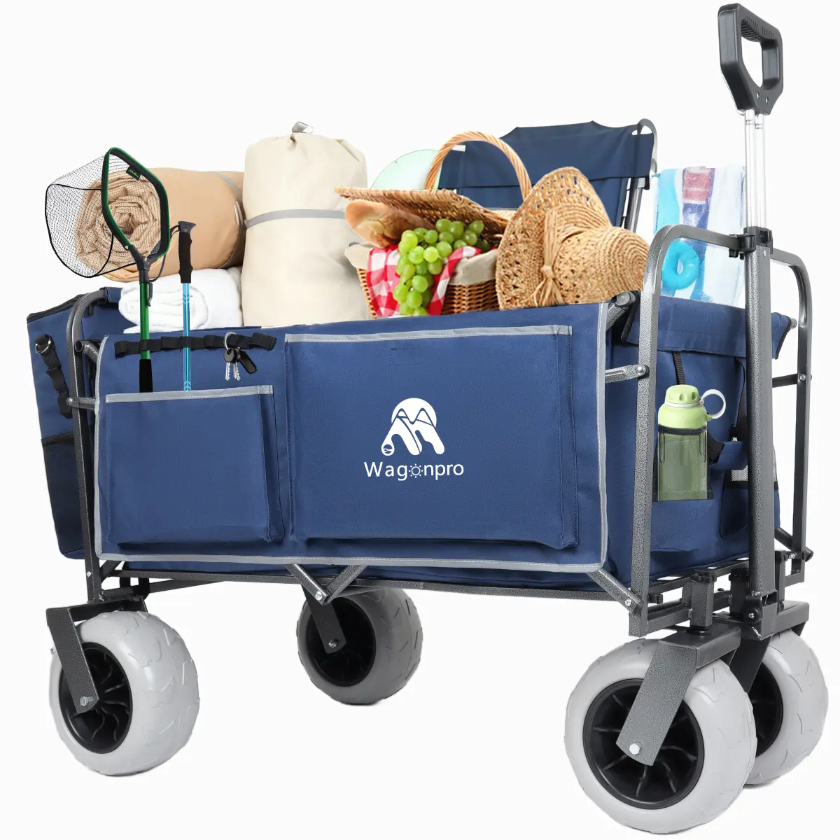 AobtkelBeach Wagon with Big Wheels for Sand 500lbs capacity - Patented design, All Terrain Steel Frame Utility Cart with 9" Pneumatic Tires, Collapsible Folding Design ,strap with multiuse bag , dark blue