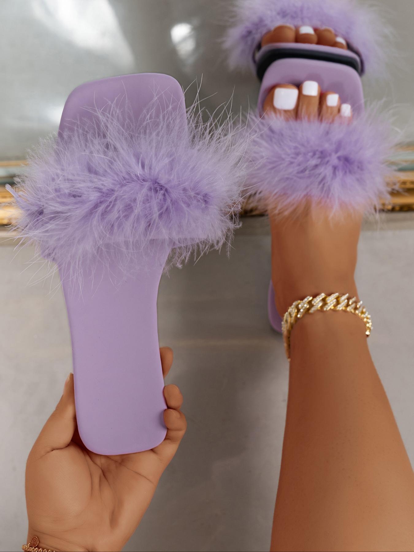 Women's Fashionable Fluffy Decor Elegant Square Toe Flat Sandals, Non-slip Slip-on Slide Sandals for Summer, Trendy All-match Barefoot Shoes for Daily Wear