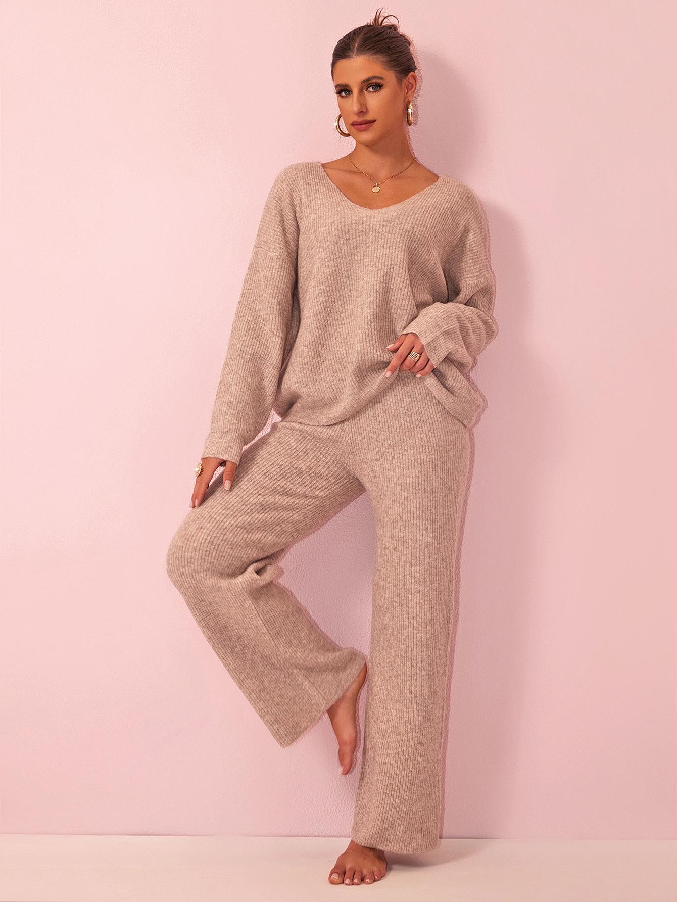 Joyfunear Women's V-Neck Knit Sweater & Wide-Leg Pants Lounge Set - Cozy Chic Comfortable for Casual Wear Soft Knit Fabric Long Sleeves High Waisted Pants S-XXL