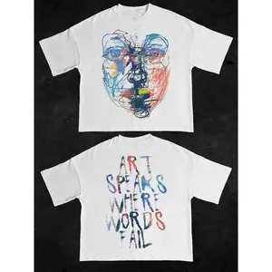 Men'S And Women'S Same Oversized White T-Shirt - Abstract Face Sketch with 'ART SPEAKS' Back Print, Loose Version Crew Neck Short-Sleeve Tee, Casual Streetwear for Daily Wear, Suitable for Outdoor, Machine Washable, Art Lover Gift